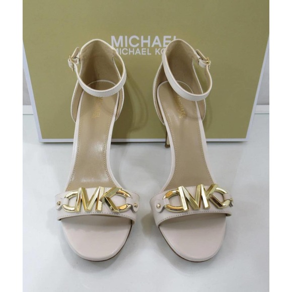 Michael Kors Izzy Sandals Heels Ankle Strap Dress MK Logo Light Cream Size 7.5 - Picture 3 of 7